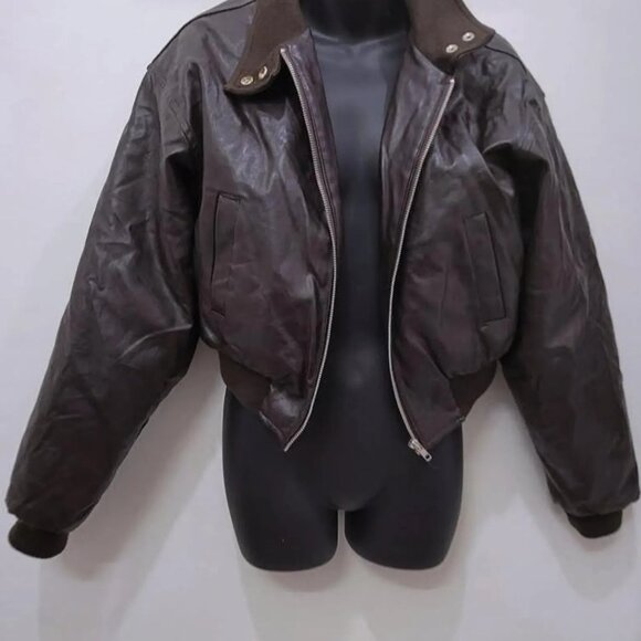 Cropped Leather Brown Sherpa Fleece Winter Jacket - Picture 5 of 6